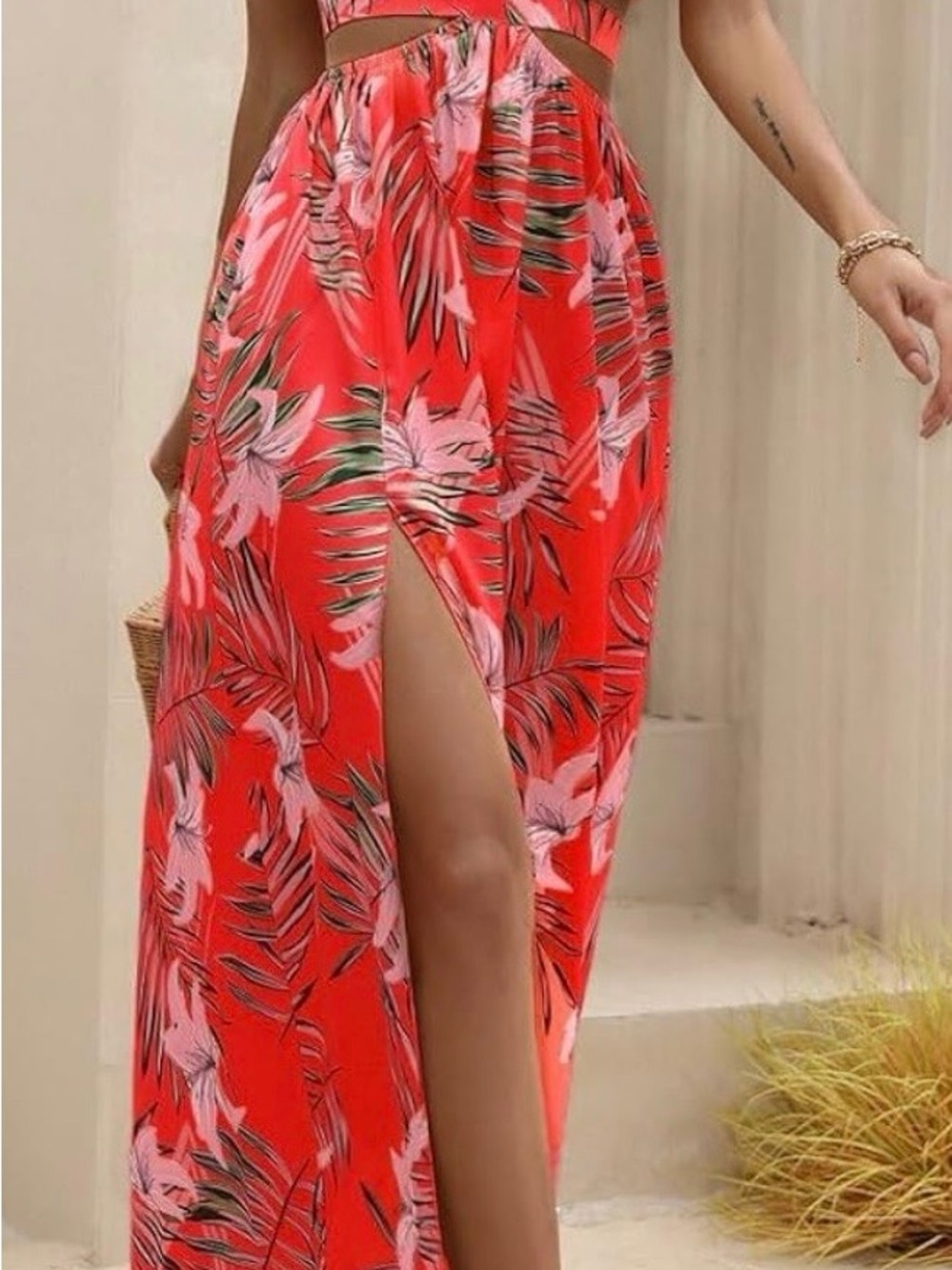 Coral Tropical Print High-Slit Maxi dress